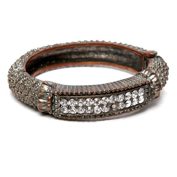 Vintage Copper Metal Indian Bracelet Rhinestone Ornate Heavy Patina Hinge Bangle - Picture 7 of 7